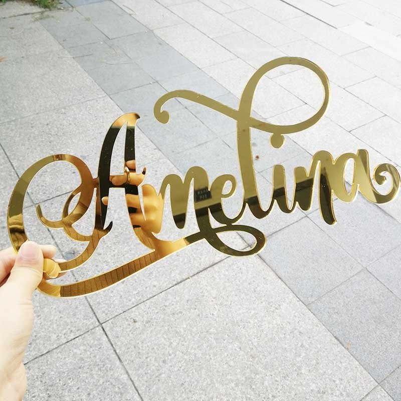 customized Acrylic mirror gold Sign Salon business sign Wall 3d logo round glow signs golden letters