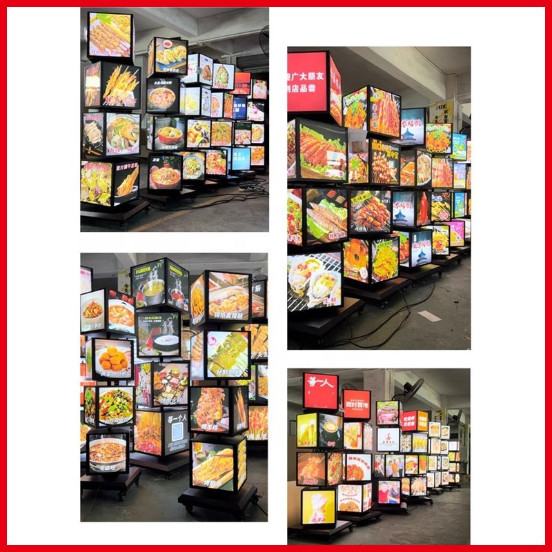 Movable floor stand four layers four sided cubic street advertising rotary rotating luminous light box boards burger display
