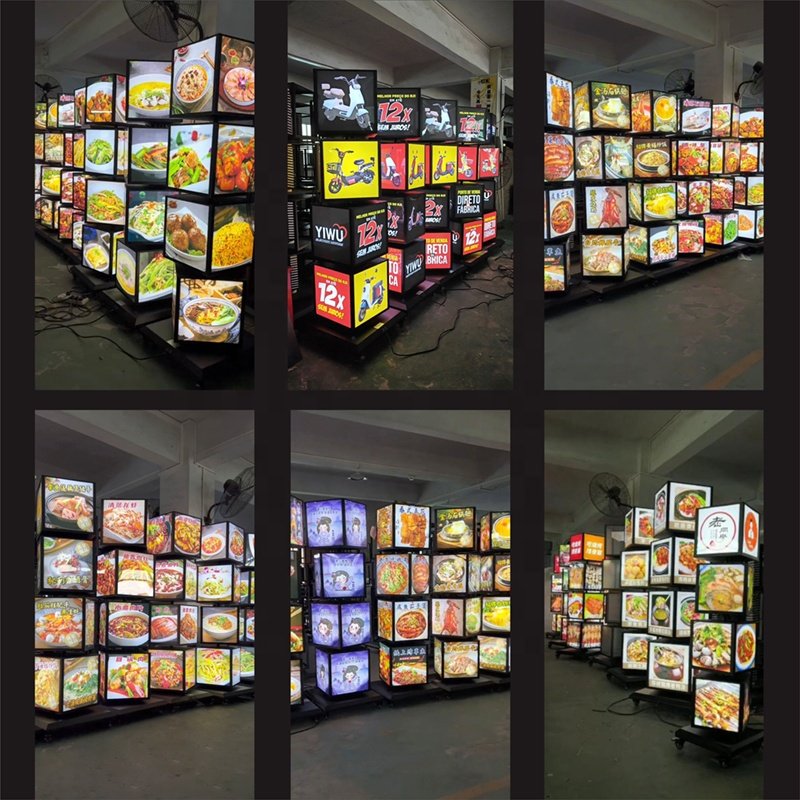 Movable floor stand four layers four sided cubic street advertising rotary rotating luminous light box boards burger display