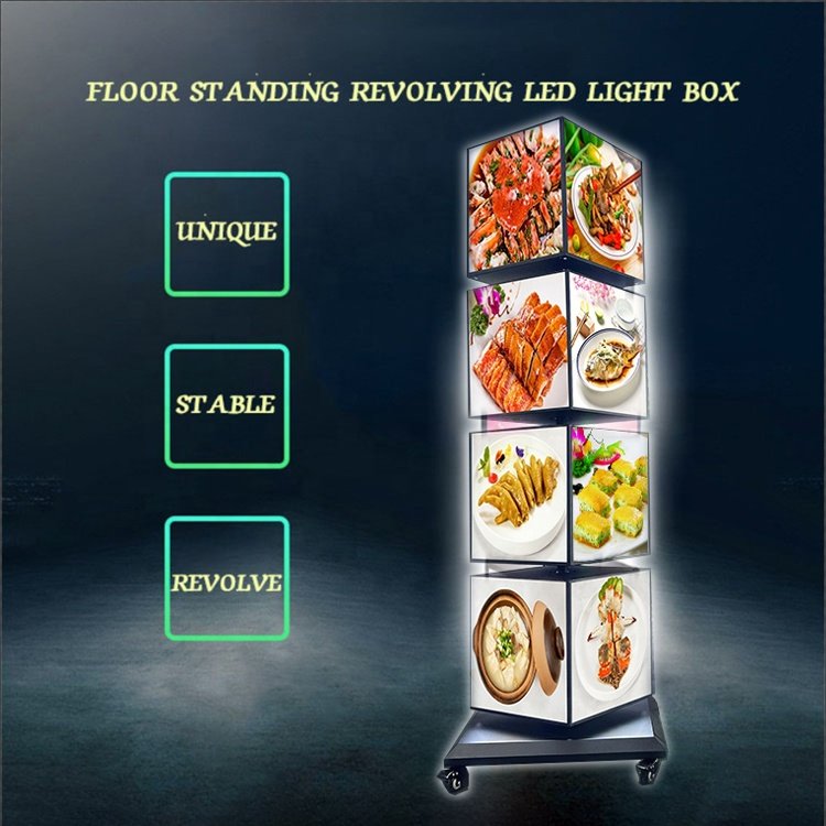 Movable floor stand four layers four sided cubic street advertising rotary rotating luminous light box boards burger display