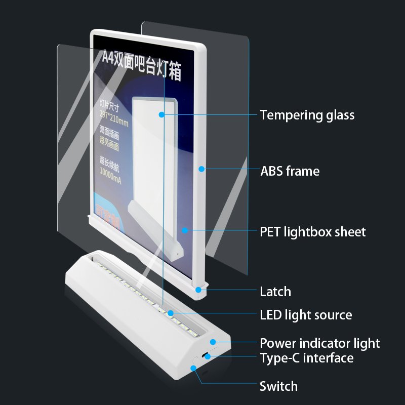 Customized A4/A5 Led Light Box Restaurant Menu Holder Double Sided Table Desktop Backdrop Display Stand