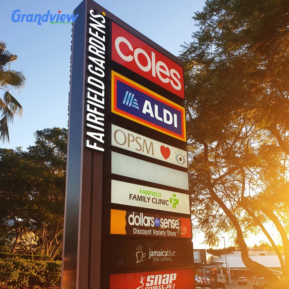 Outdoor electric building pylon directional wayfinding commerical business totem sign board