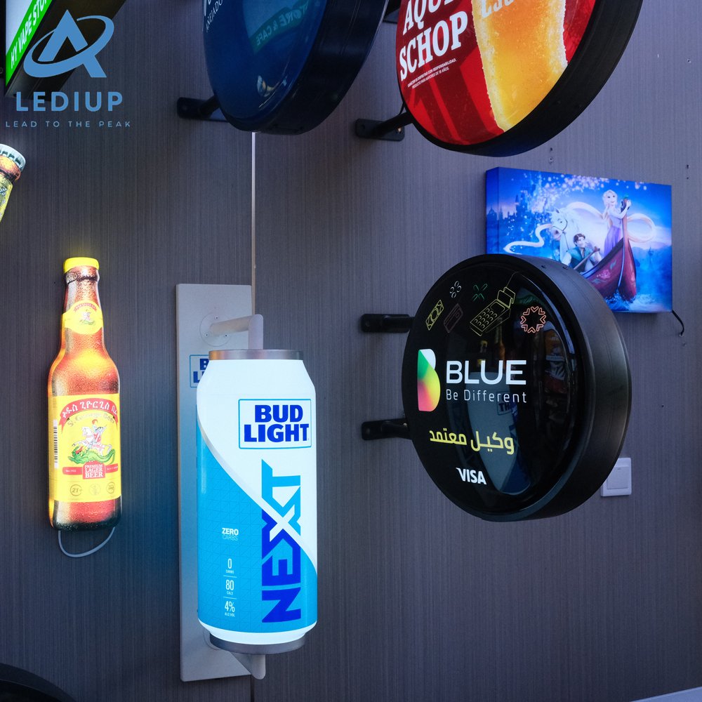 LEDIUP Customized round profile double side light box signs led rotating board store wall hanging ceiling acrylic advertising
