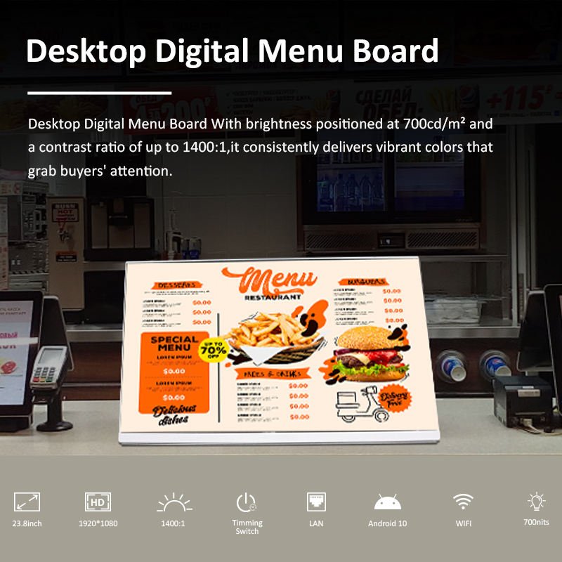 Big Size 23.8 Inch Desk Digital Signage Advertising Player Touch Restaurant Digital Menu Board Display For Hotel Hospital Store