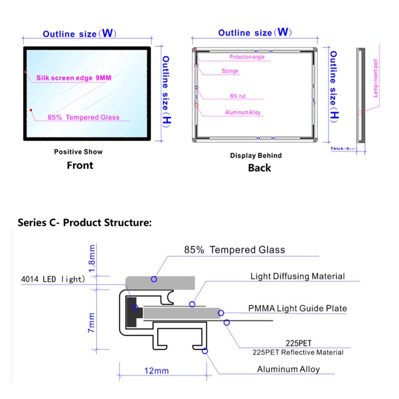 A1/A2/A3/A4/60x90cm LED Menu Board Square Advertising Light Boxes with Aluminum Profile Frame for Restaurant Use