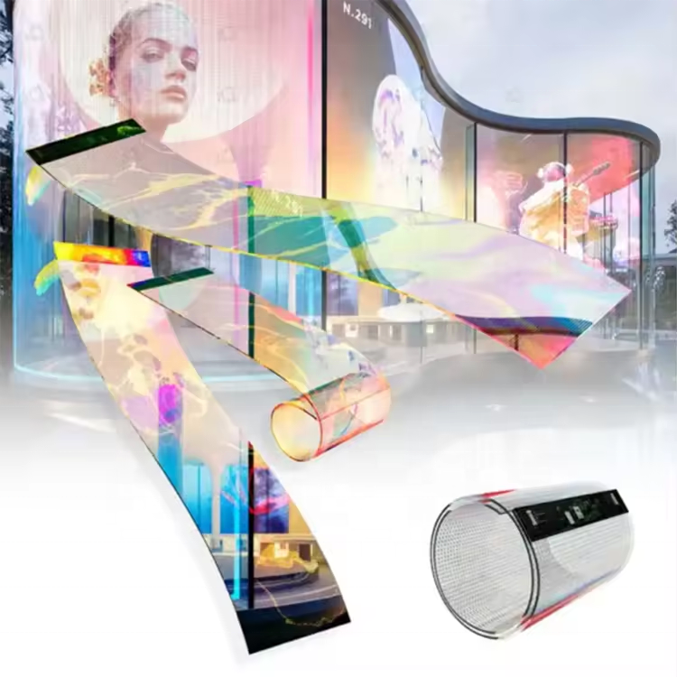 Tentech Advertising Digital Signage Billboard Flexible Wall Panel Transparent Display LED Film Flexible-LED-Film Roll-up Screen