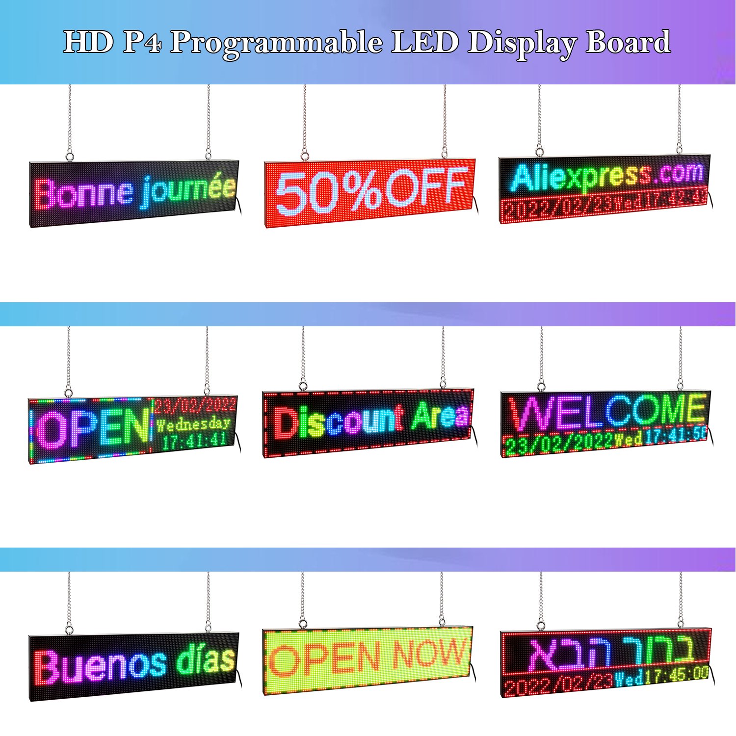 P4 52CM Led Display Advertising Board RGB WiFi Programmable Scrolling Message Luminous Board LED Sign Screen Multi-Language