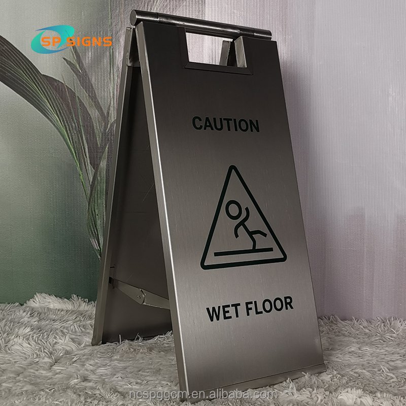 SP Custom silver gold stainless steel Wet Floor Caution Sign Free Standing Double sided metal pavement sign A- frame board