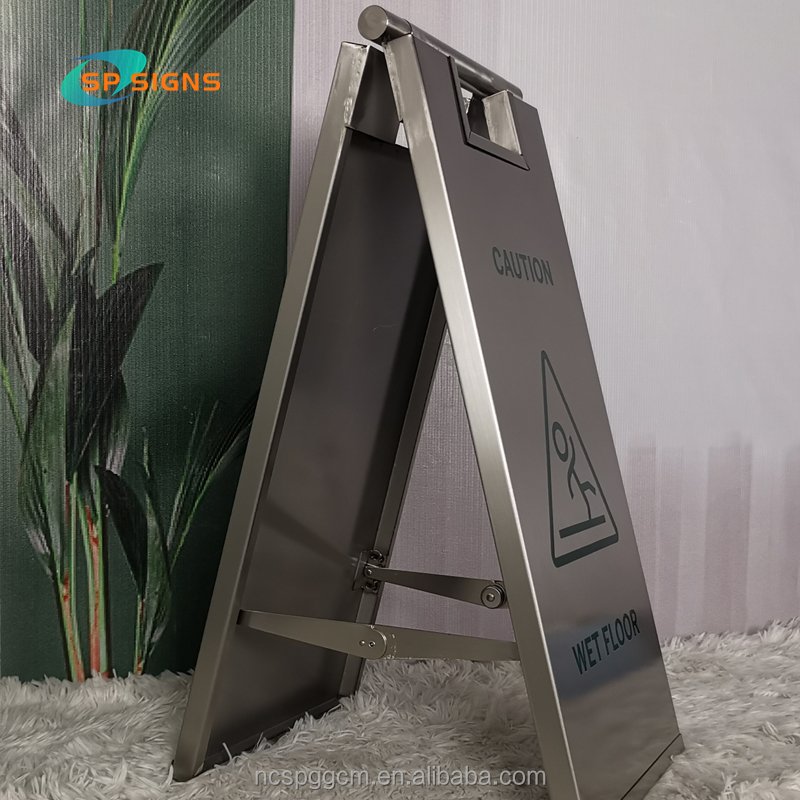 SP Custom silver gold stainless steel Wet Floor Caution Sign Free Standing Double sided metal pavement sign A- frame board