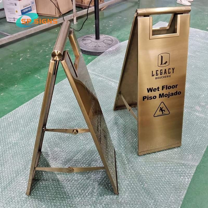 SP Custom silver gold stainless steel Wet Floor Caution Sign Free Standing Double sided metal pavement sign A- frame board