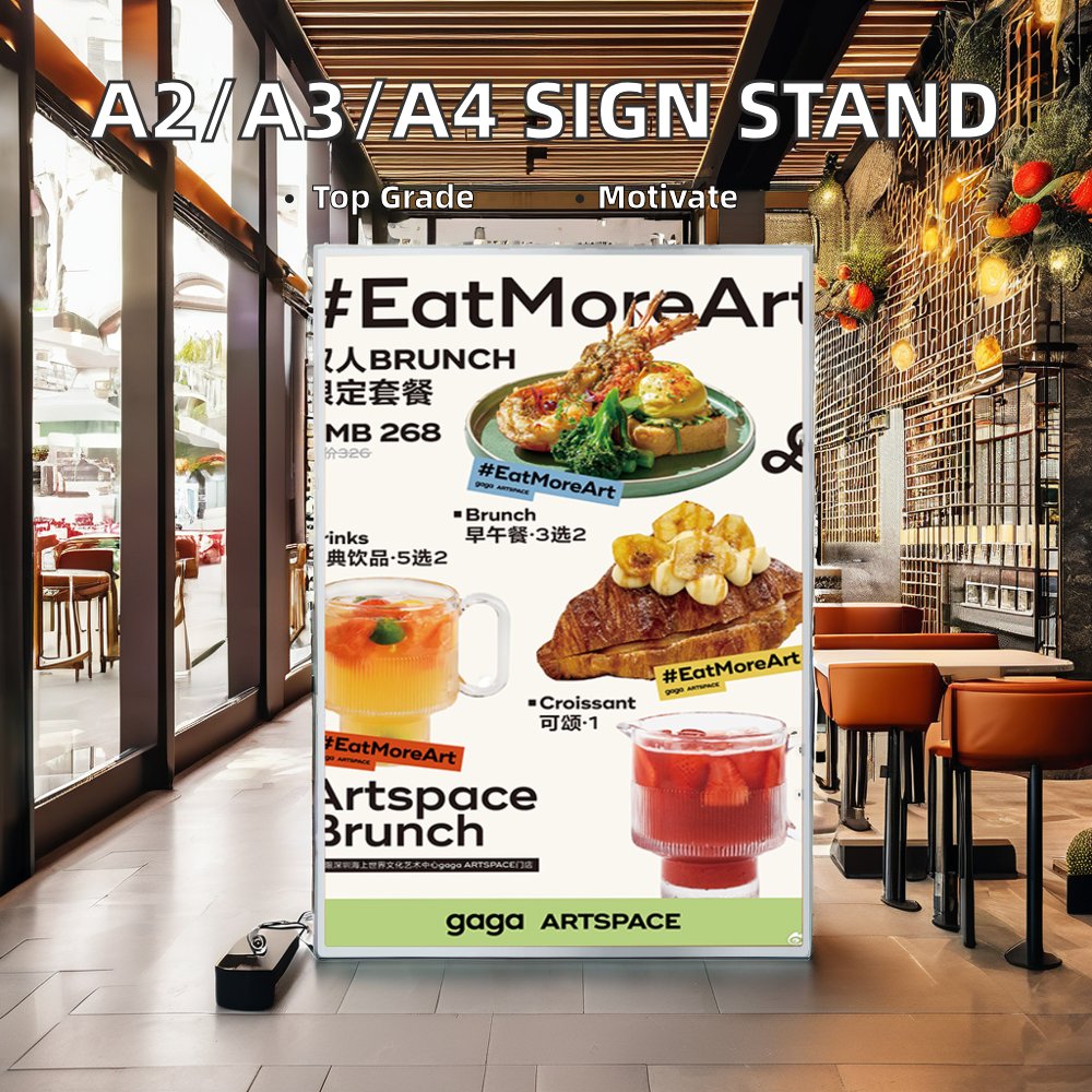 A2/A3/A4 Tempered Glass Adjustable Floor Sign Holder Custom Shape Poster Light Box Display Board for Restaurant Hotel Use