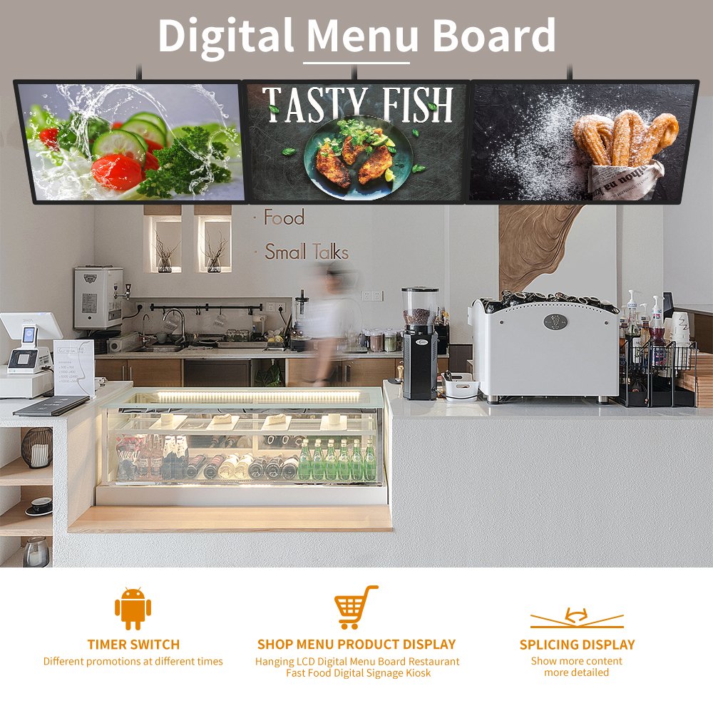Full HD 32 43 55 Hanging Mounted Restaurant Menu Board UHD 2K 4K LCD Advertising Screen 800nits Indoor Fast Food Kiosk Display