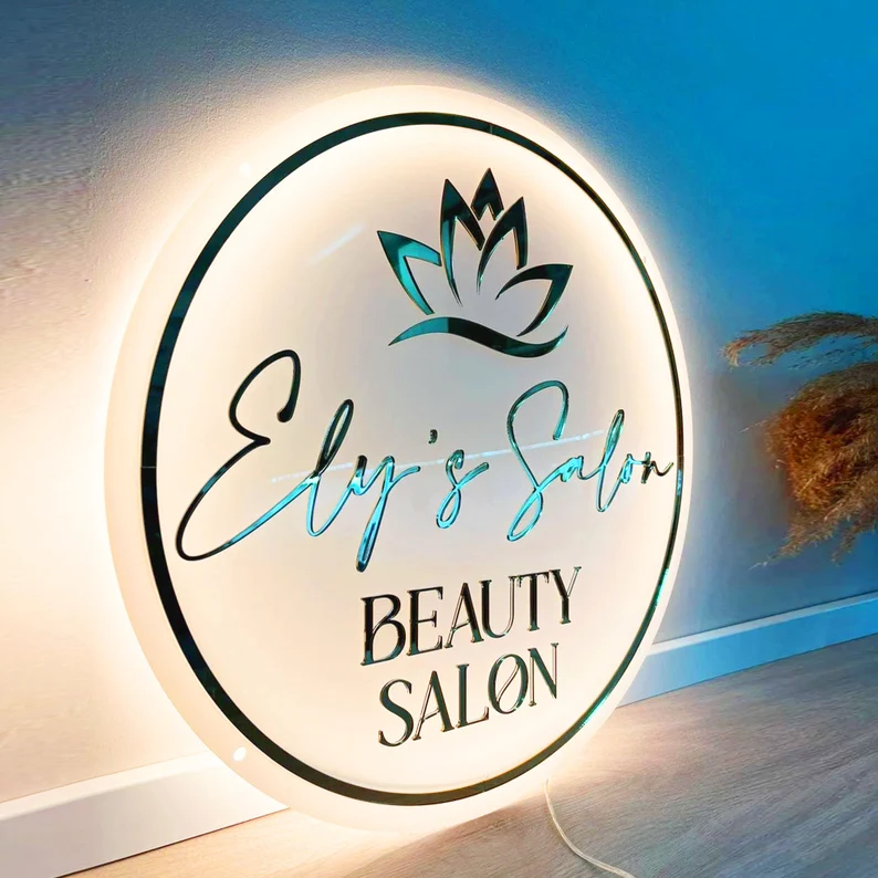 High Quality Acrylic Salon Led Sign Board Logo Custom Backlit Wall Sign Custom 3D Logo Letters Circle Name Plate Business Sign