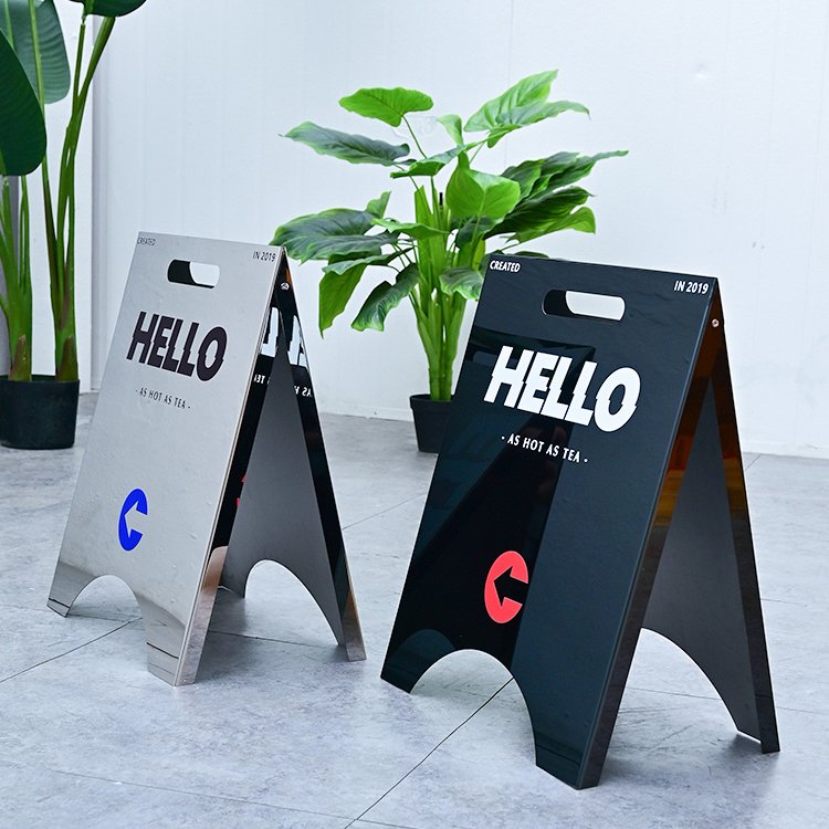 Custom A Frame Metal Stacks Sign Holder Mirror Silver/Black Double Sided Sidewalk Board Stand Up Swinging Sign For Poster Boards