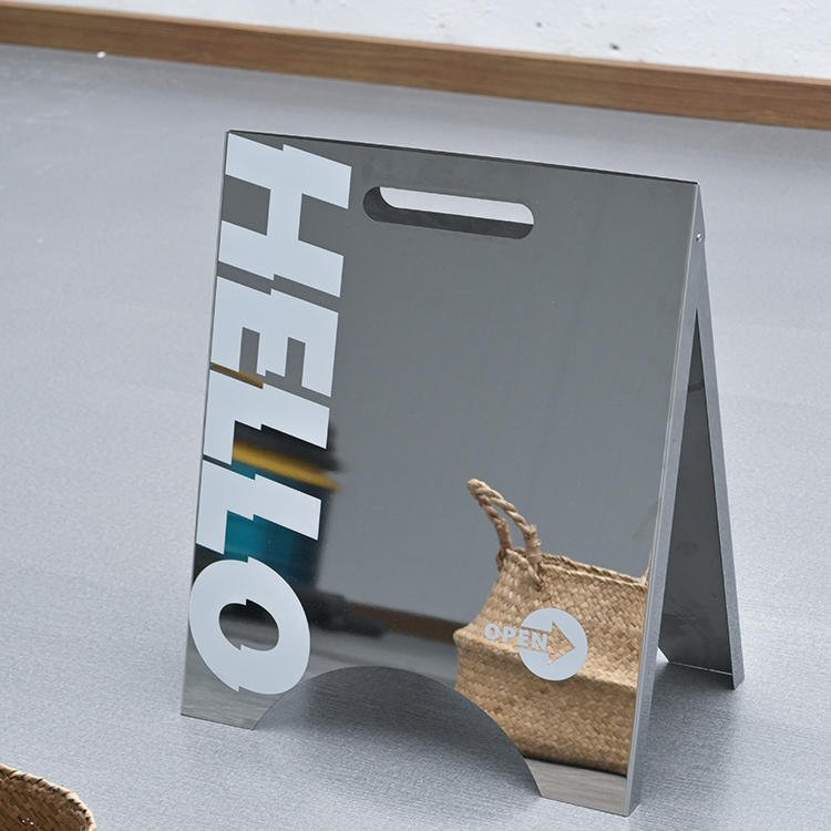Custom A Frame Metal Stacks Sign Holder Mirror Silver/Black Double Sided Sidewalk Board Stand Up Swinging Sign For Poster Boards