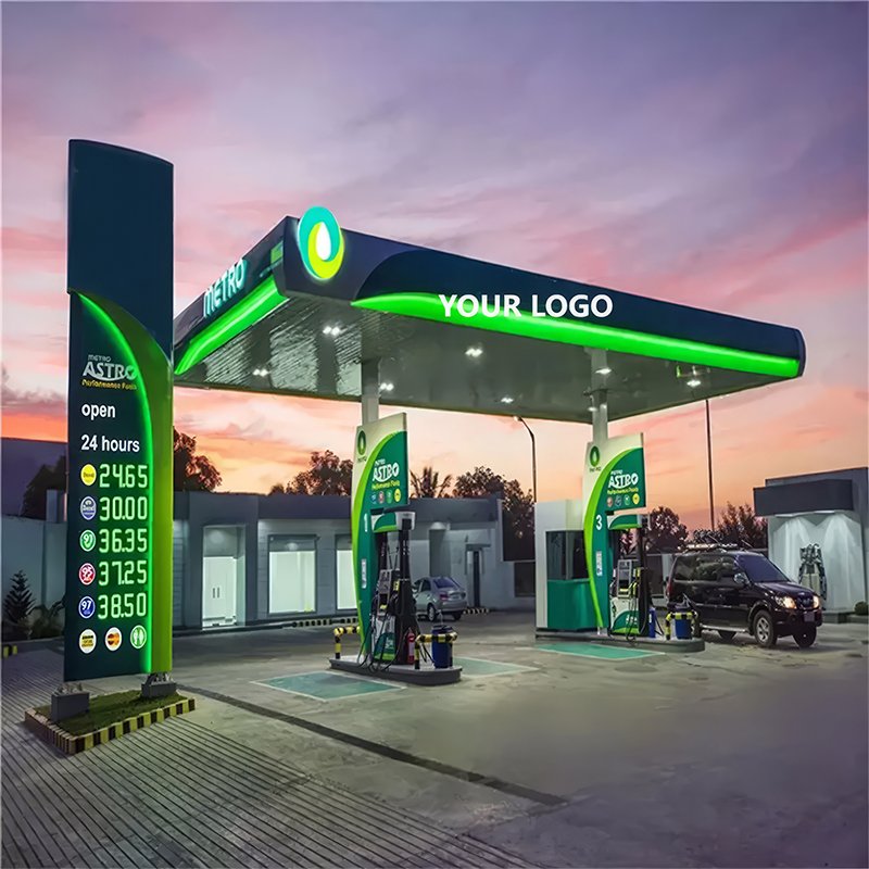Advertising Outdoor Custom Led Luminous Steel Structure Gas Station Canopies For Sale