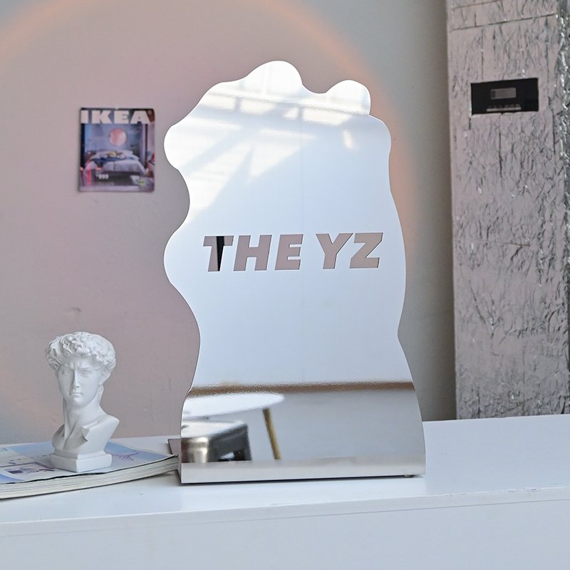 Personalized design 3mm stainless steel mirror floor standing billboard, single sided L-shaped floor standing display board
