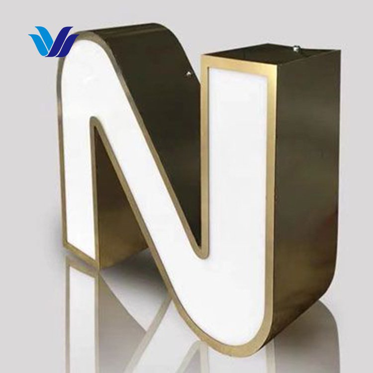 Hongsen Customized Outdoor Building Facade LED Advertising Sign Front Light Metal Letter Logo Golden 12 40 Adaptor Small Sign