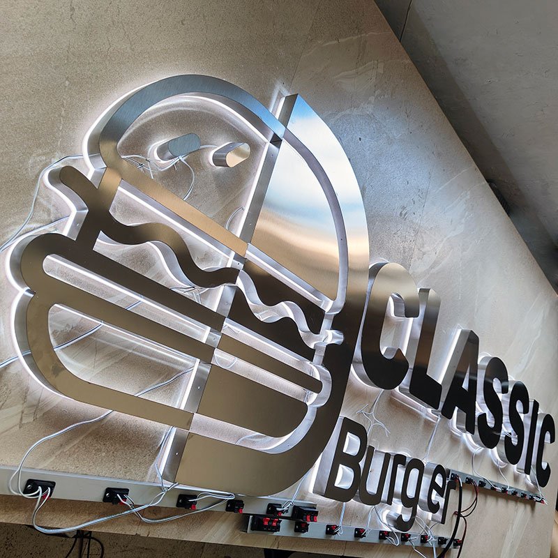 Brushed Silver Back Lit Business Logo Led Advertising Letters Sign 3D Led Business Metal Acrylic Store Sign Led Backlit Letters