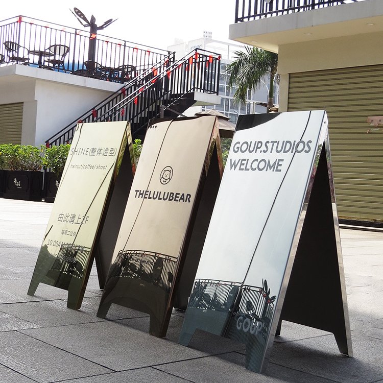 Custom Outdoor Advertising Portable A-Frame Advertising Board Durable Folding Silver Stainless Steel Stand for Sidewalk Pavement