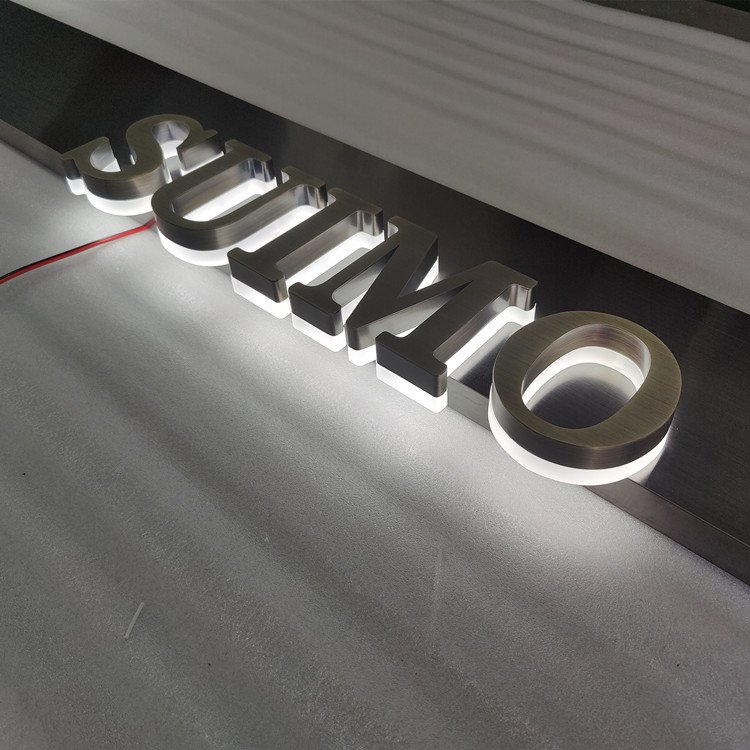 Factory Custom Vintage Brass Color Acrylic Stainless Steel Led Lighted Backlit 3D Sign Letters