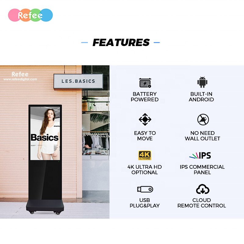 Hot 43in 4k android lcd screen battery-powered moveable freestanding digital signage for indoor use