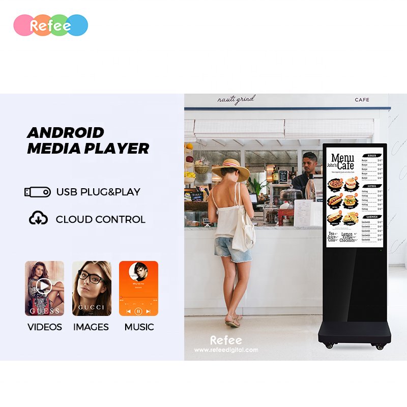 Hot 43in 4k android lcd screen battery-powered moveable freestanding digital signage for indoor use