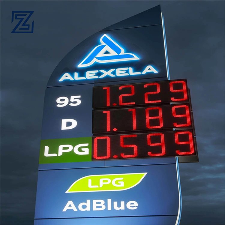 Gas station side filling petrol advertising prime pylon sign with digit fuel price board