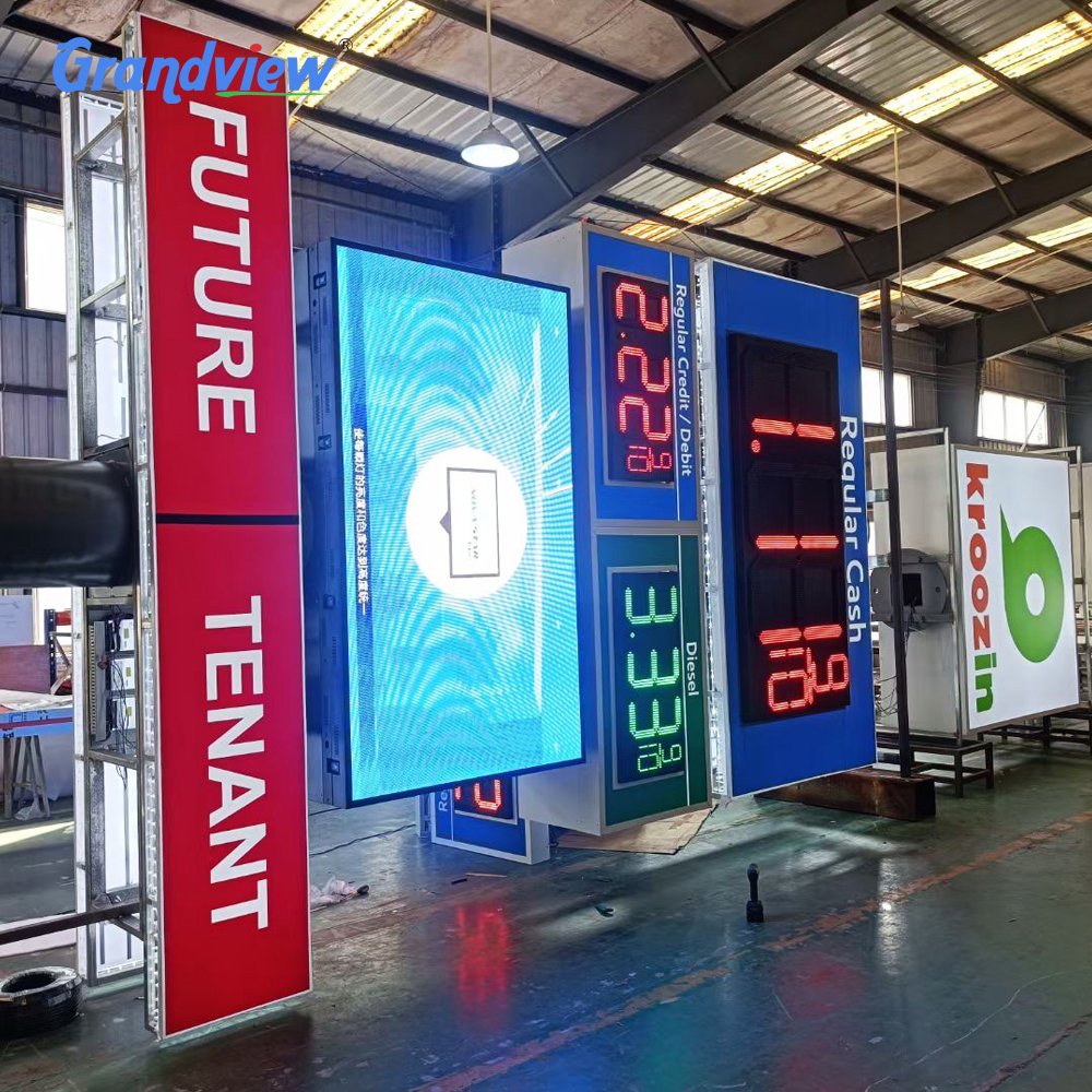Gas station advertising displays sign board illuminated exterior pylon sign