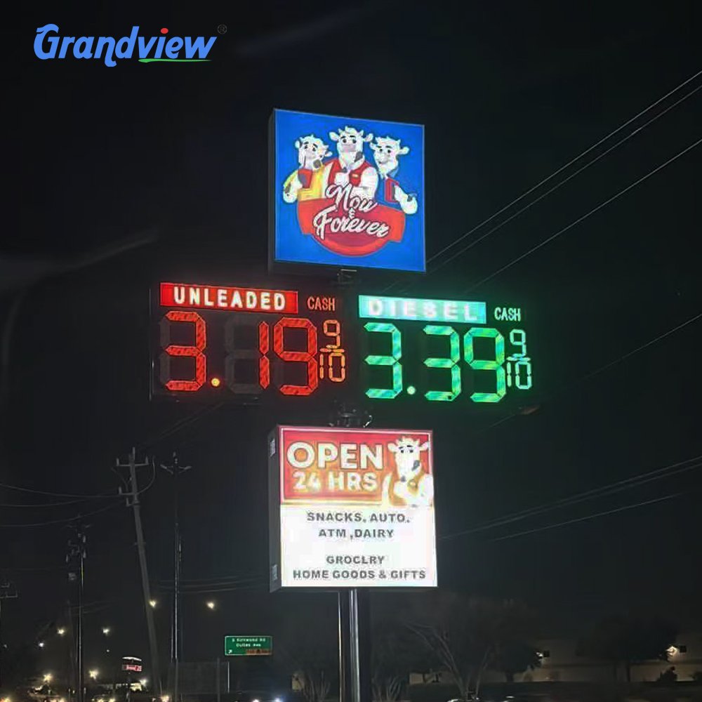 Gas station advertising displays sign board illuminated exterior pylon sign