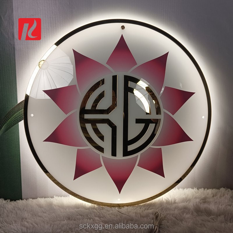 Kexian Custom Led Logo Sign Board Acrylic Round Golden Mirror Sign Business Name Illuminated Office Sign for Wall