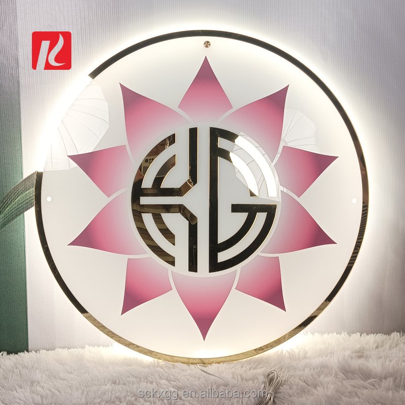 Kexian Custom Led Logo Sign Board Acrylic Round Golden Mirror Sign Business Name Illuminated Office Sign for Wall
