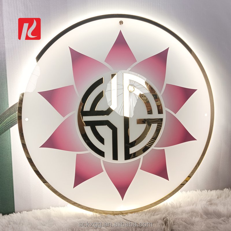 Kexian Custom Led Logo Sign Board Acrylic Round Golden Mirror Sign Business Name Illuminated Office Sign for Wall