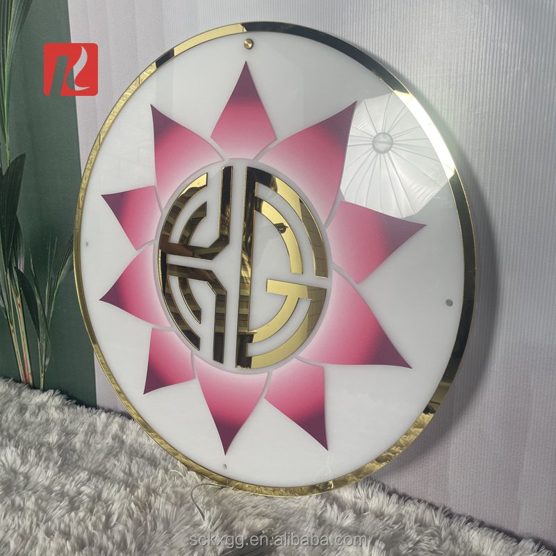 Kexian Custom Led Logo Sign Board Acrylic Round Golden Mirror Sign Business Name Illuminated Office Sign for Wall