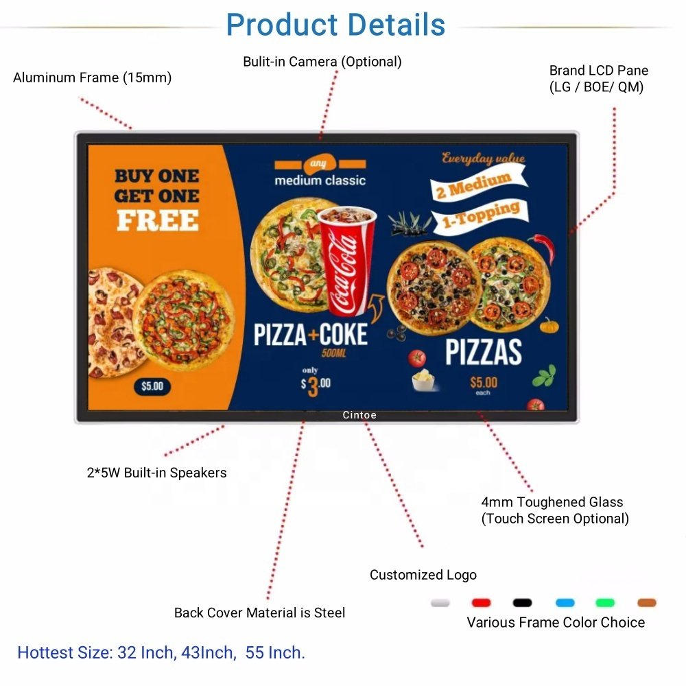 Wall Mount Android Digital Signage Smart LCD TV Display Menu Board Indoor Ad Screen for Advertising Display.