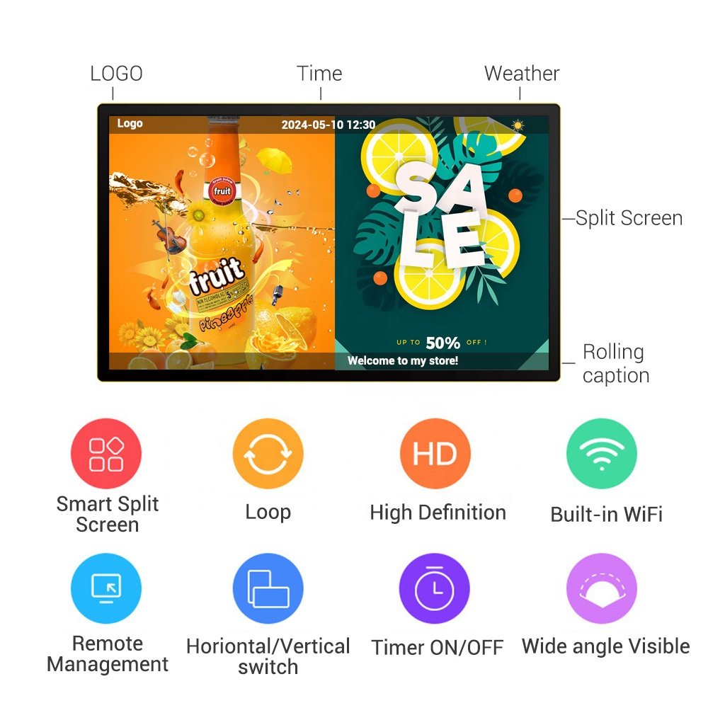 Wall Mount Android Digital Signage Smart LCD TV Display Menu Board Indoor Ad Screen for Advertising Display.