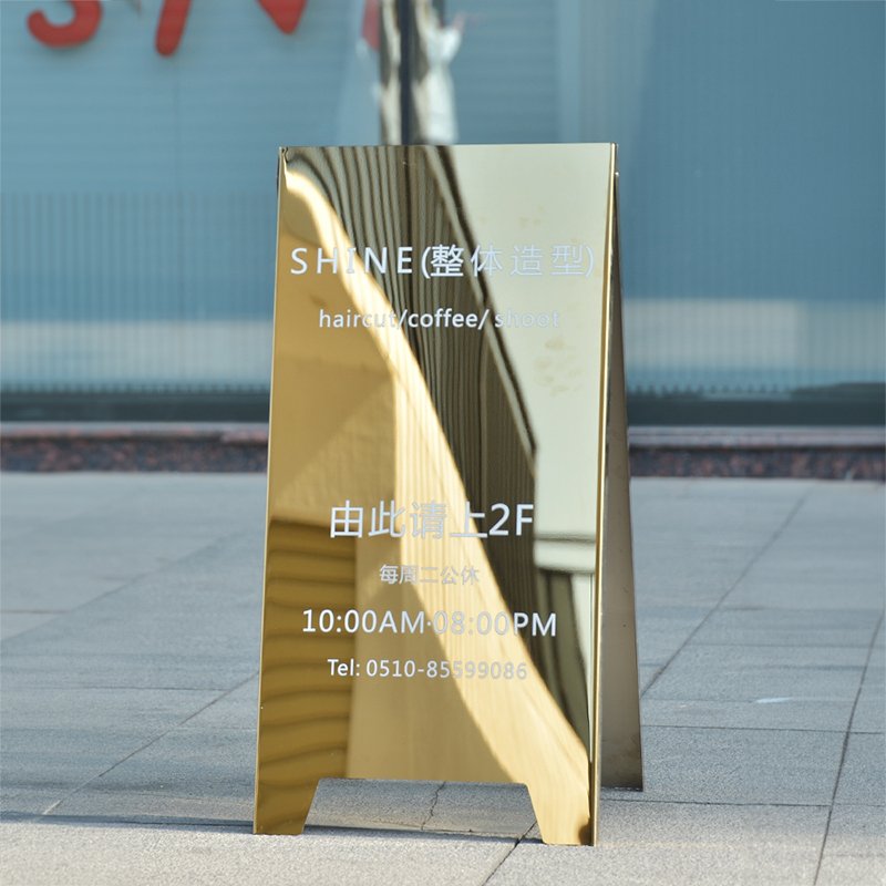 Custom A Frame Sign Double-Sided Folding Board Slide-in Mirror Gold Sidewalk Signboard For Outdoor Street Advertising Poster