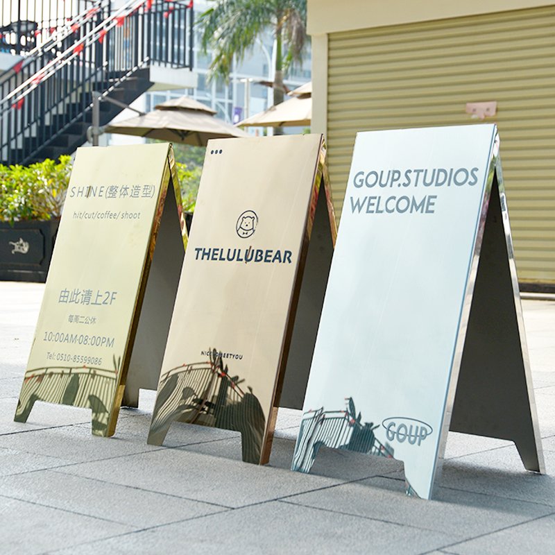 Custom A Frame Sign Double-Sided Folding Board Slide-in Mirror Gold Sidewalk Signboard For Outdoor Street Advertising Poster