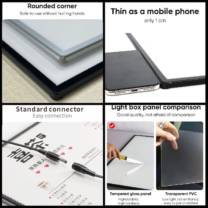 A2 Model Indoor Vertical Advertising LED Light Board Rectangle Shape Picture Frame Tempered Glass Plastic Menu Display Light Box
