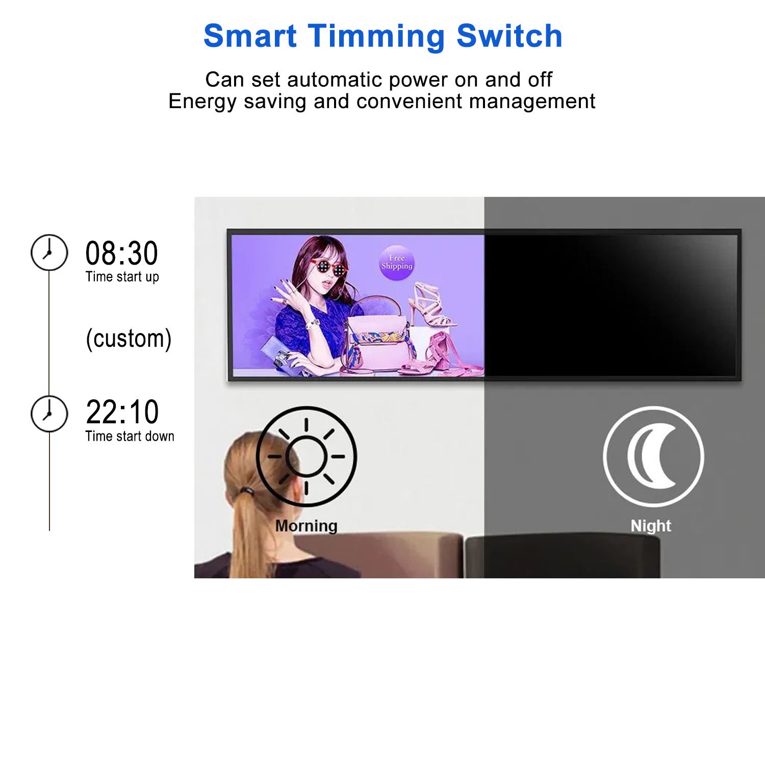 HUAYU Supermarket Shop Retail Store Shelf Smart Video Advertising Strip Size Panel Digital Lcd Monitor Stretched Bar Display