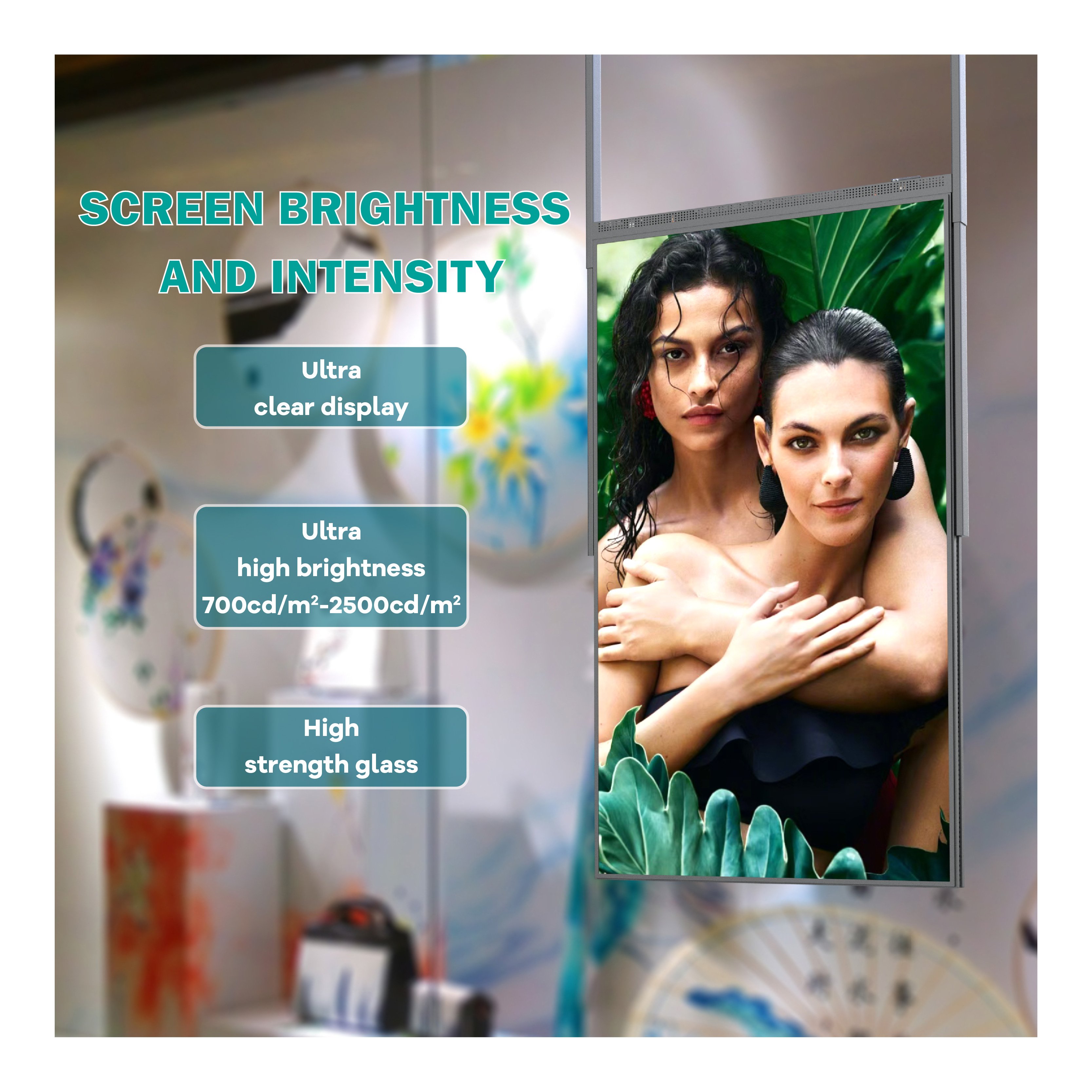 55 inch ultra thin double sided hanging mount semi-outdoor LCD shop window screen
