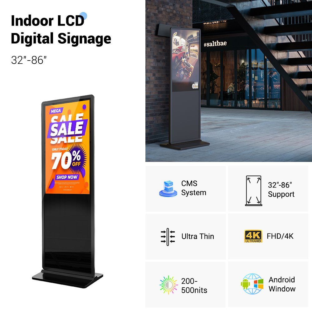55-Inch Ultra-Slim Full HD LCD Display 450 Nits Indoor Digital Signage Built-in Media Player Corporate Offices Outdoor