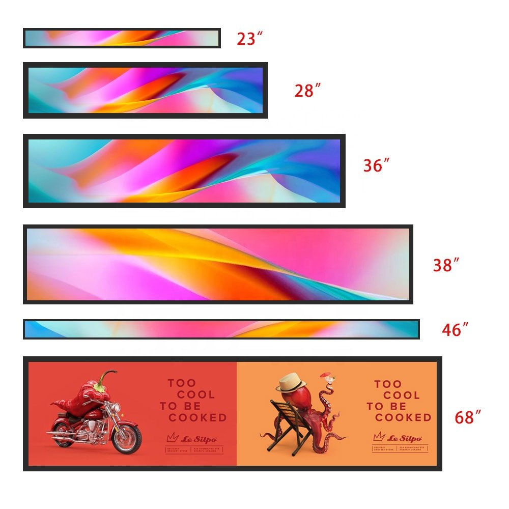 28.6 inch wall mounted bar display room stretch bar lcd shelf advertising screen