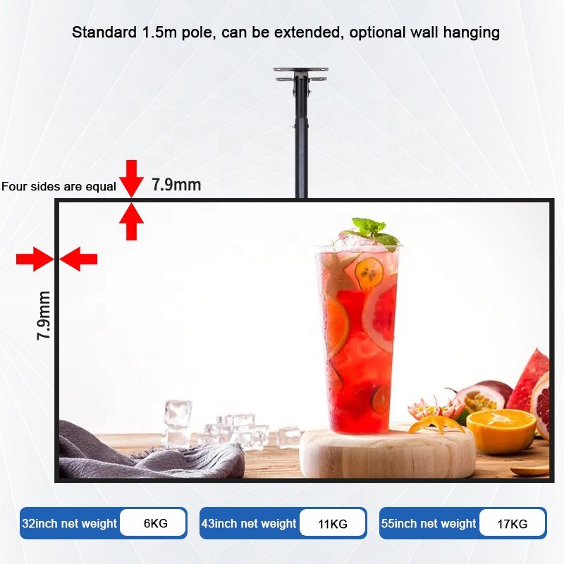 Hanging 32/43/55 Inch Catering Milk Tea Shop Narrow Side Wall-mounted HD LCD Screen Network Digital Signage advertising Display
