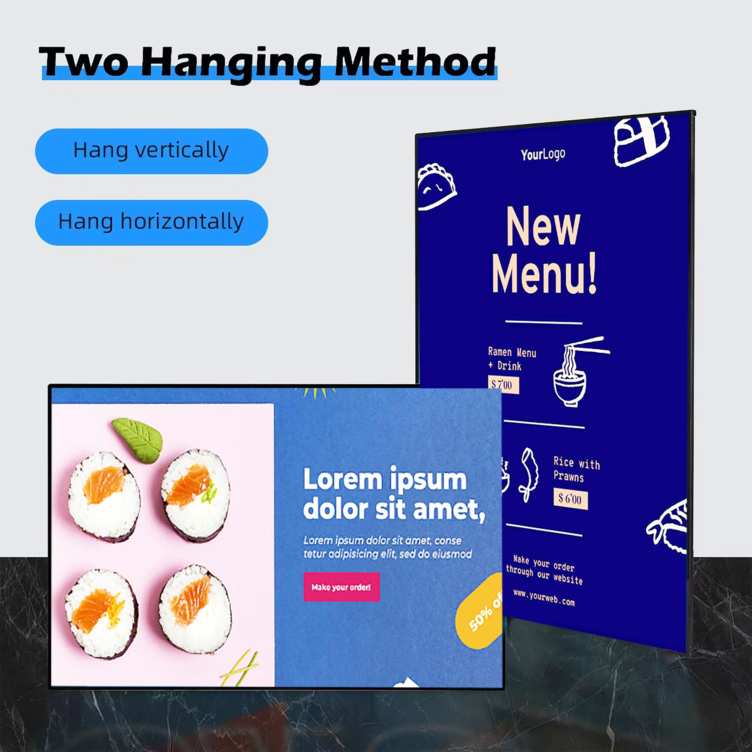 Thin A1 A2 LED illuminated menu board with aluminum frame lightbox for restaurant advertisements