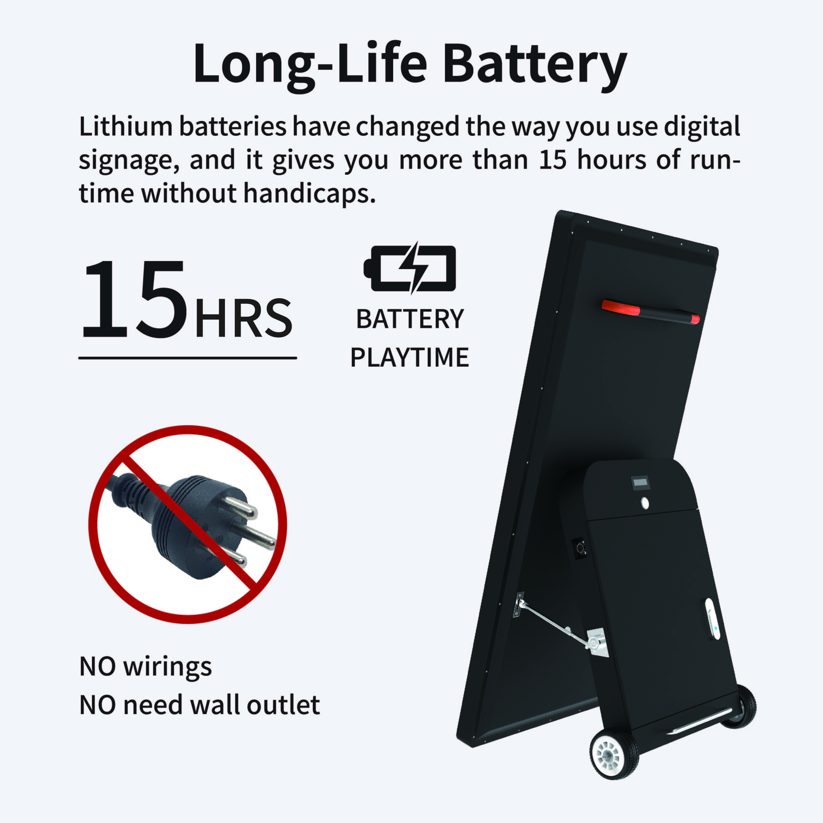 43inch battery powered portable digital poster 24V outdoor waterproof 1500nits super bright 4000:1 movable outdoor tv display