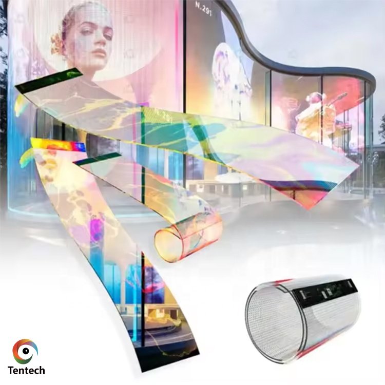 Tentech Advertising Digital Signage Billboard Flexible Wall Display Adhesive LED Transparent Film Screen On Glass Roll-up Screen