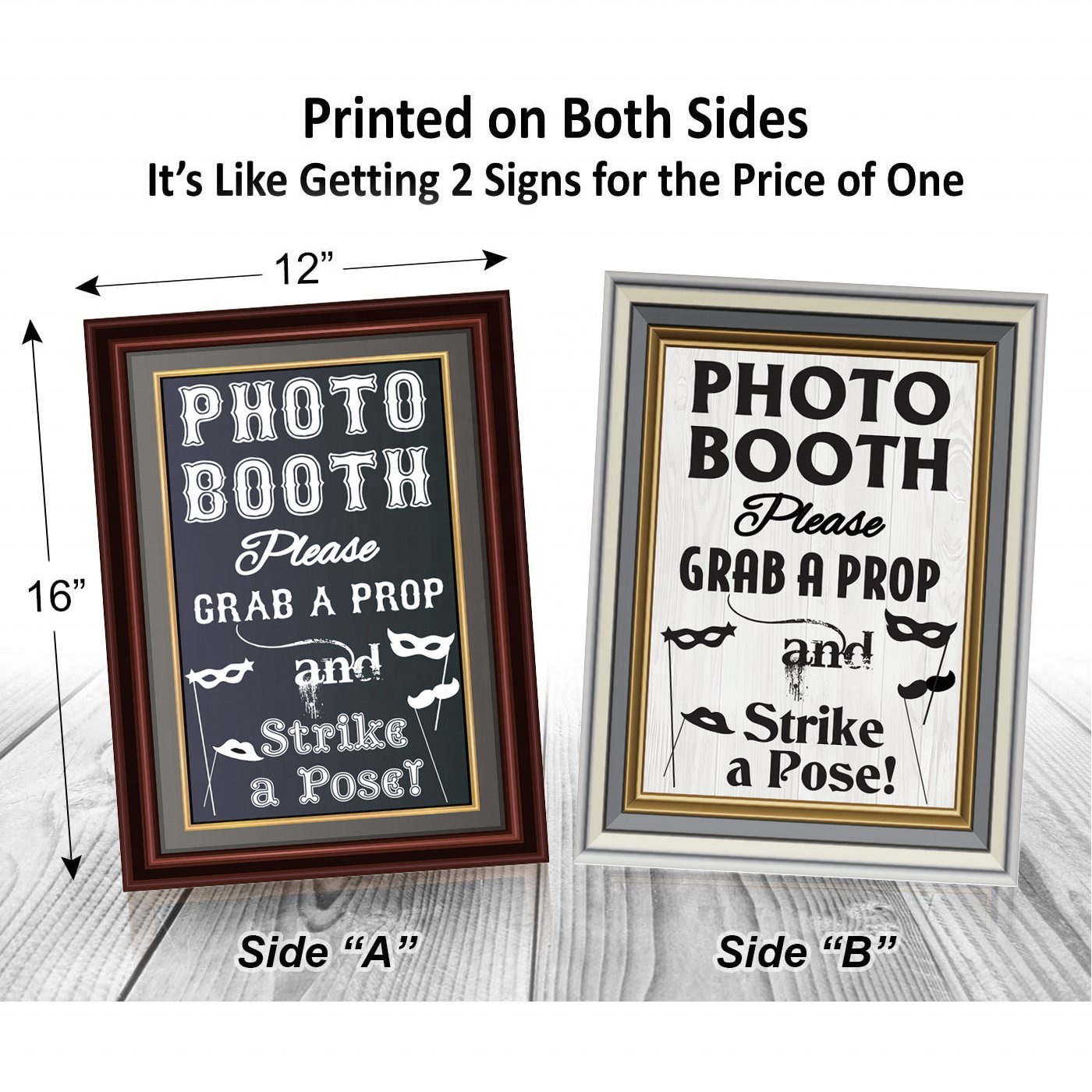 16" L x 12" W 2-Sided Photo Booth Props Sign for Any Wedding, Party or Event