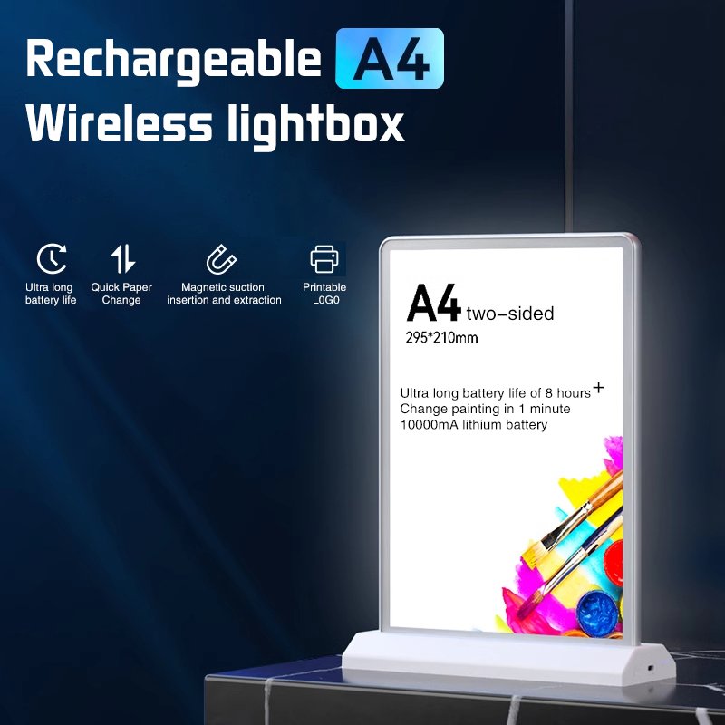 A4/A3 Double-Sided LED Light Box, Rechargeable, Menu Display Stand, Tabletop Sign, Portable Advertising Board