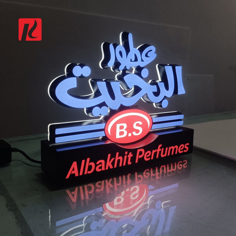 Kexian Custom Logo Sign Indoor 3D Business Name Sign Advertising Display Table Top LED Acrylic Letter Sign Stand